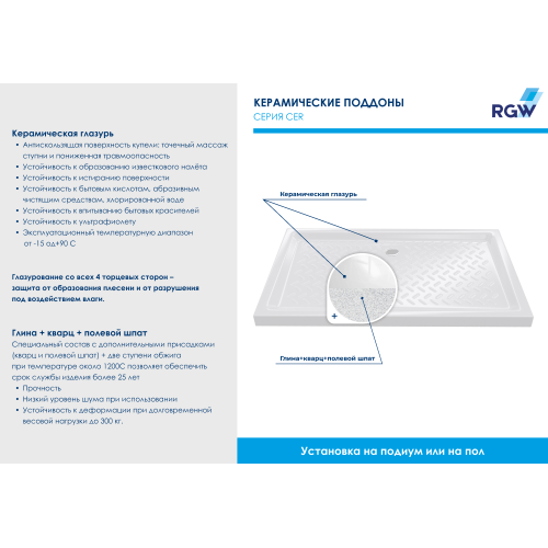 Поддон для душа прямоугольный керамический RGW CR (Глубина 35)  720x900