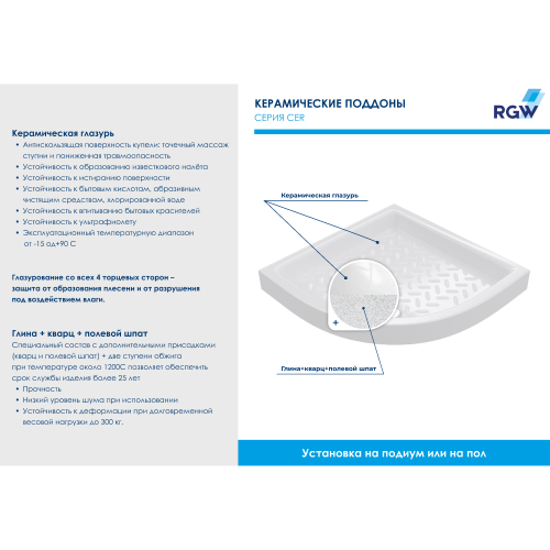 Поддон для душа полукруглый керамический RGW CR/R  900x900